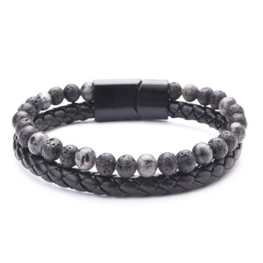 Imagem de Pulseira de couro masculina com contas vulcânica pedra olho de tigre pulseira trançada multicamadas joias presentes com fecho, One Size, Metal, Sem Pedra Preciosa