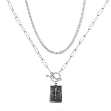 Imagem de MANZHEN Conjunto de colar de cruz com inicial em camadas, corrente de cobra prata com pingente de letra quadrada, gargantilha feminina com fecho de botão, 18 Inches, Metal, Sem Pedra Preciosa