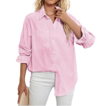 Imagem de Camiseta feminina WHO IN SHOP listrada com botões rosa S