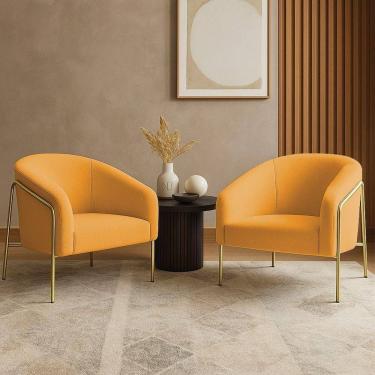 Imagem de Poltrona Sala Industrial Alta Dourado Kit 2 Stella Bouclê D03 - D`rossi Cor Mostarda