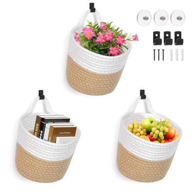 Imagem de Pacote com 3 cestas de tecido para pendurar na parede – Organizadores de armazenamento de tecido com ganchos adesivos, bolsas montadas na parede estilo boho para porta de cozinha doméstica (grande