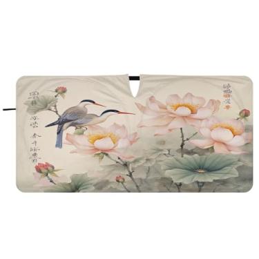 Imagem de Blueangle Guarda-sol para para-brisas florais beija-flores chineses - 149,9 cm x 76,2 cm dobrável para janela dianteira do carro blocos de para-sol raios UV viseira de sol (293)