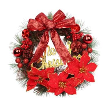 Imagem de oshhni Guirlanda de Natal decorativa de parede com laço e enfeites para porta de entrada, 30 cm, ideal para decoração de Ano, de hotel e festas, Vermelho