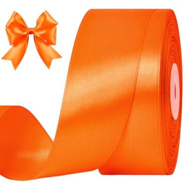 Imagem de CLUEWR Fita de cetim laranja de 3,5 cm, 50 metros, rolo de fita de tecido sólido para buquês de flores, embrulho de presente, casamento, artesanato artesanal
