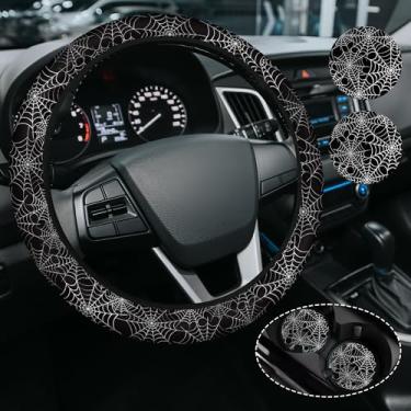 Imagem de Capa de volante de teia de aranha para mulheres e homens, acessórios antiderrapantes de neoprene de alta elasticidade, capas de volante, universal de 38 cm para carros, SUVS, inclui 2 porta-copos de