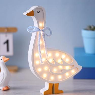 Imagem de Grinsvalley Candeeiro de mesa rústico Silly Goose Night Light Blue Bow Wooden Silly Goose Powered Gooses Luz noturna para chá de bebê, crianças, presente, quarto, berçário, decoração