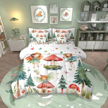 Imagem de Erosebridal Jogo de cama solteiro com estampa de cogumelos e fadas, borboleta, 7 peças, para crianças, meninas, jardim de fadas peculiares, lençol com elástico + lençol de cima