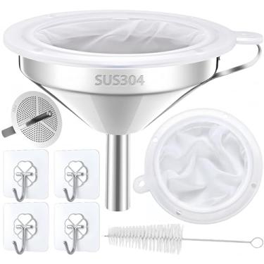 Imagem de Funil de cozinha para encher garrafas, funil de óleo de cozinha com filtro e filtro de malha 200, coador de alimentos para suco de gordura de chá, funil de aço inoxidável 18/8 (boca de 12,7 cm, haste de 1,6 cm)
