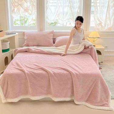 Imagem de Cobertor de lã fofo feminino masculino para cama adulto longo casal solteiro para sofá de camada dupla de lã macio confortável grosso quente para primavera outono inverno (rosa, 200 x 230 cm)