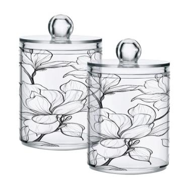 Imagem de Qilmy Qtip Suporte de 400 ml, frasco de armazenamento de boticário de plástico transparente de flores brancas com tampa, dispensador de recipiente de banheiro para bola de algodão, cotonete, fio