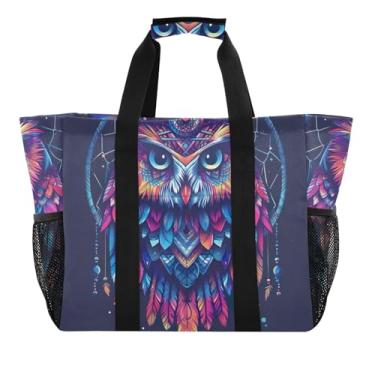 Imagem de ODAWA Bolsa Mom Boho Owl Dreamcatcher Feathers Grocery Tote, bolsa de praia resistente à água com alças abertas, Boho Owl Dreamcatcher Feathers, One Size