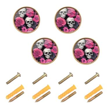 Imagem de Skulls Pink Flowers Pacote com 4 puxadores vintage de ferragens de gaveta para escritório em casa, cozinha, banheiro, puxadores para armários de cozinha com parafuso