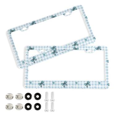 Imagem de SEHANY Lindas molduras de placa de licença de arco azul, moldura de placa de carro de alumínio à prova de ferrugem com orifícios elípticos e parafusos serve para acessórios de carro de tamanho padrão
