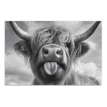 Imagem de Quebra-cabeça adulto 1000 peças arte animal flor personalizado rígido grande quebra-cabeça engraçado vaca highland preto engraçado, 75 x 40 centímetros