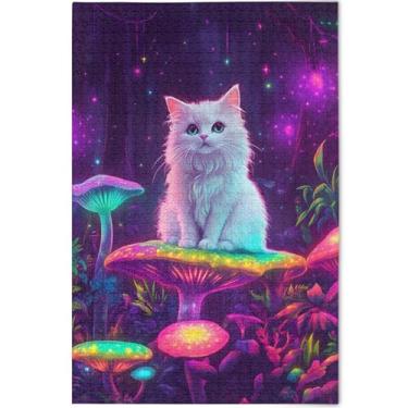 Imagem de Quebra-cabeça de gato fofo neon colorido cogumelo personalizado adulto 1000 peças presentes para jogo de elefante branco legal grande quebra-cabeça flor animal pintura, 75 cm x 50 cm