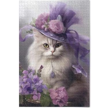Imagem de Quebra-cabeças personalizados de flores de gato elegantes 1000 peças para adultos família elefante branco presentes arte quebra-cabeças duros arte brinquedo pintura, 75 cm x 50 cm