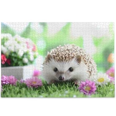 Imagem de Quebra-cabeça floral de ouriço fofo para adultos jogo de 500 peças arte personalizada engraçada arte dura animal flor arte, 52 cm x 37,8 cm