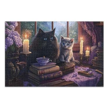 Imagem de Livros de gatos pretos místicos à luz de velas quebra-cabeças adultos 1000 peças de arte impressão animal personalizado exclusivo quebra-cabeça presentes para amantes de quebra-cabeça, 75 x 40