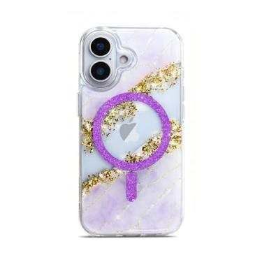 Imagem de Teayoha Capa com glitter para iPhone 16 Pro, capa de telefone brilhante brilhante de luxo compatível com MagSafe, capa transparente com detalhes em mármore 3D dourado para mulheres, meninas - roxa