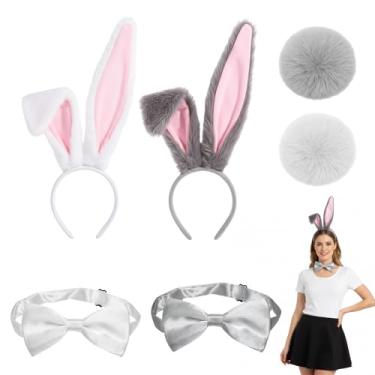Imagem de JFBNXB Orelhas e cauda de coelho, conjunto de fantasia de coelhinho playboy para mulheres adultas, acessórios de fantasia de coelho fofo com faixa de cabeça, rosa e cinza, roupa de festa cosplay de