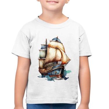 Imagem de Camiseta Algodão Infantil Navio Vintage - Foca na Moda, Branco, 2