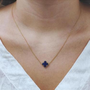Imagem de Colar de Ouro 18k com Trevo de Lápis Lazúli Natural - Joia Elegante e 