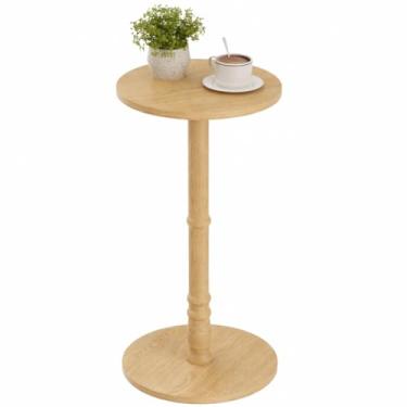Imagem de Homleke Mesa lateral redonda, coluna de madeira maciça com parte superior e base de madeira, mesa pequena com detalhes para sala de estar, quarto, sofá e escritório, fácil montagem, natural