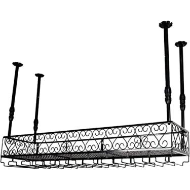 Imagem de Suporte de metal para pendurar no teto para garrafa de vinho/rack de vinho suporte de exibição de armazenamento de vinho para bar de cozinha altura ajustável, rack de vinho para pendurar, preto
