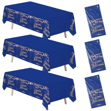 Imagem de FVABO Toalha de mesa de festa de aposentadoria azul, 3 peças descartáveis azul marinho e dourado, artigos de capa de mesa para homens e mulheres, 139,7 x 218,4 cm
