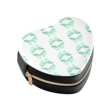 Imagem de Burbuja Caixa de joias em forma de coração com laços verdes claros, mini estojo de viagem para mulheres e meninas, organizador portátil de armazenamento para brincos, anéis, colares e pulseiras