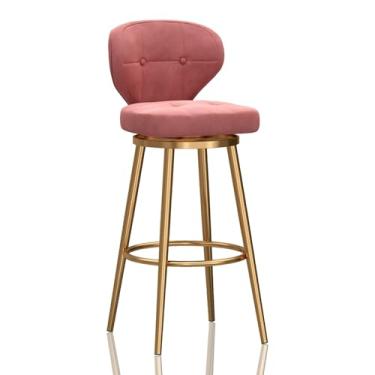 Imagem de Banquetas giratórias 1 peça, banquetas de veludo de altura do balcão com costas e pernas de metal dourado, bancos estofados modernos para ilha de cozinha, altura do assento 65 cm, rosa