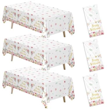 Imagem de FVABO Decorações de toalha de mesa Happy Retirement Party, 3 peças descartáveis douradas com escrita floral rosa para festa de aposentadoria, 139,7 x 218,4 cm