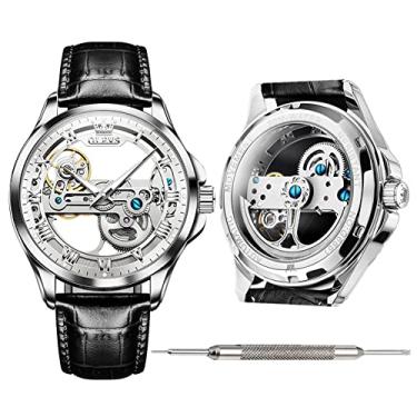 Imagem de OLEVS Relógios automáticos de couro para homens jovens relógios de marca fashion relógios automáticos para homens, Preto, branco, Plano, mecânico