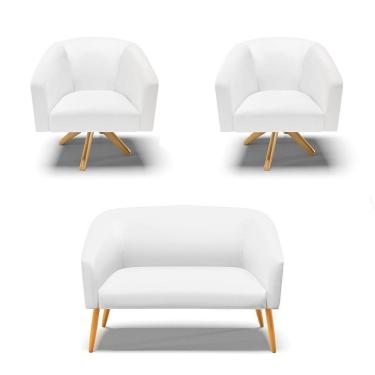 Imagem de Kit 1 Namoradeira E 2 Poltronas Base Madeira Branco
