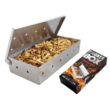 Imagem de Caixa de defumador para churrasqueira, lascas de madeira com aberturas de carvão e gás, acessórios reutilizáveis, ferramenta de aço inoxidável, kit de defumar carne com tampa articulada, presente para jardim, quintal, praia, acampamento