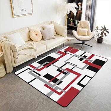 Imagem de Erosebridal Tapete quadrado para quarto, tapete preto branco vermelho, tapete geométrico moderno decoração de sala de estar, grade de meados do século tapetes decorativos para sala de jantar antiderrapante, 5x6'6''