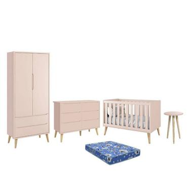 Imagem de Dormitório Theo 2 Portas, Cômoda 6 Gavetas, Berço, Mesa de Canto com Pés Madeira Natural e Colchão - Reller Móveis