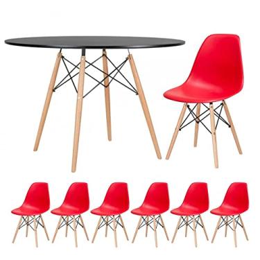 Imagem de Loft7, Kit - Mesa redonda Eames 120 cm preto + 6 cadeiras Eiffel Dsw Vermelho