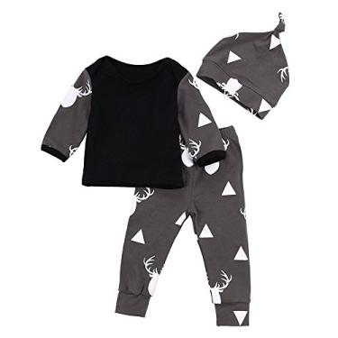 Imagem de Conjunto de moletom para meninos camiseta + calça leggings para bebê menina 3 peças conjunto de roupas de cervo meninos roupa de dinossauro, Preto, 100