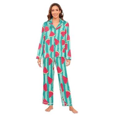 Imagem de KLL Pijamas de cetim de frutas melancias rosa vermelho clássico pijama feminino de seda com botões para festa do pijama feminino, Fruta melancia, rosa e vermelho, G