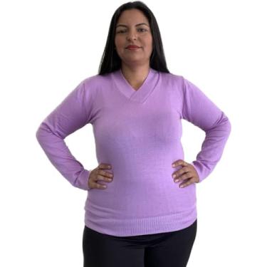 Imagem de Blusa De Frio Feminina Suéter Decote V Plus Size Trico Tricot (BR, Numérico, 46, 50, Plus Size, Regular, Lilás)