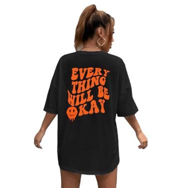 Imagem de SOLY HUX Camisetas femininas grandes com estampa de letras, casuais, modernas, verão, Preto, laranja, multi, G