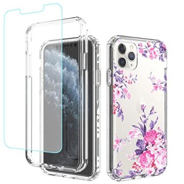 Imagem de sidande Capa para iPhone 11 Pro Max com protetor de tela de vidro temperado, capa protetora fina de TPU floral transparente para Apple iPhone 11 Pro Max de 6,5 polegadas (flor rosa)