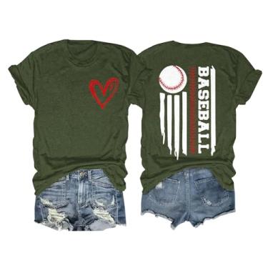Imagem de Camisetas femininas 2024 Baseball Mom Love American Flag Graphic Tops verão casual manga curta blusas soltas, Z01 Verde militar, GG