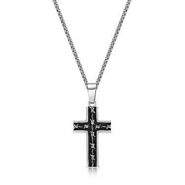 Imagem de Metro Jewelry Colar masculino com pingente de cruz de arame farpado de aço inoxidável com revestimento iônico preto - 61 cm de comprimento - Fecho de garra de lagosta, Metal, Sem Pedra Preciosa