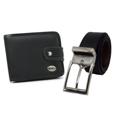 Imagem de Kit Carteira Masculina Botao Pressao Com Divisorias e Cinto Dupla Face