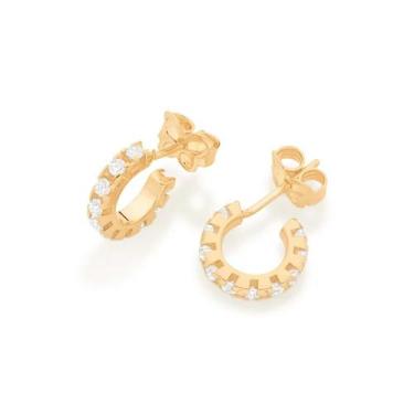 Imagem de Brincos de ouro 18k femininos meia argola pequenos cravejado zircônias