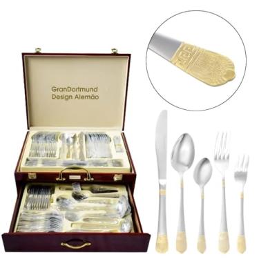 Imagem de Faqueiro Inox 84 Pçs Dourado Banhado A Ouro Maleta Madeira Vermelho