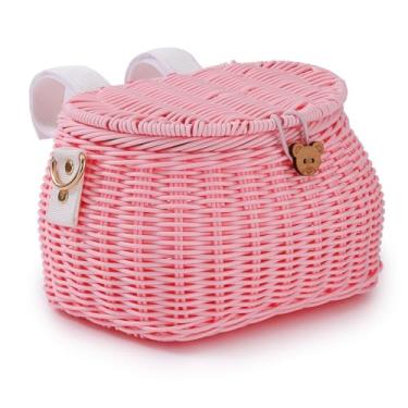 Imagem de Conjunto de cesta de bicicleta infantil, cesta de triciclo de scooter, cesta de ciclismo infantil, mochila tecida à mão com alça de ombro para tampa, cesta de vime, cesta de guidão frontal, rosa