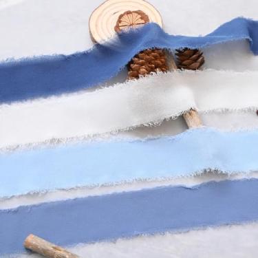 Imagem de U-LIAN 4 peças de fita de seda de chiffon com franja feita à mão 3,8 cm x 5,47 m x 4 peças (total 21,87 jardas) conjunto de fitas azuis para convites de casamento, buquês de noiva, embrulhos de